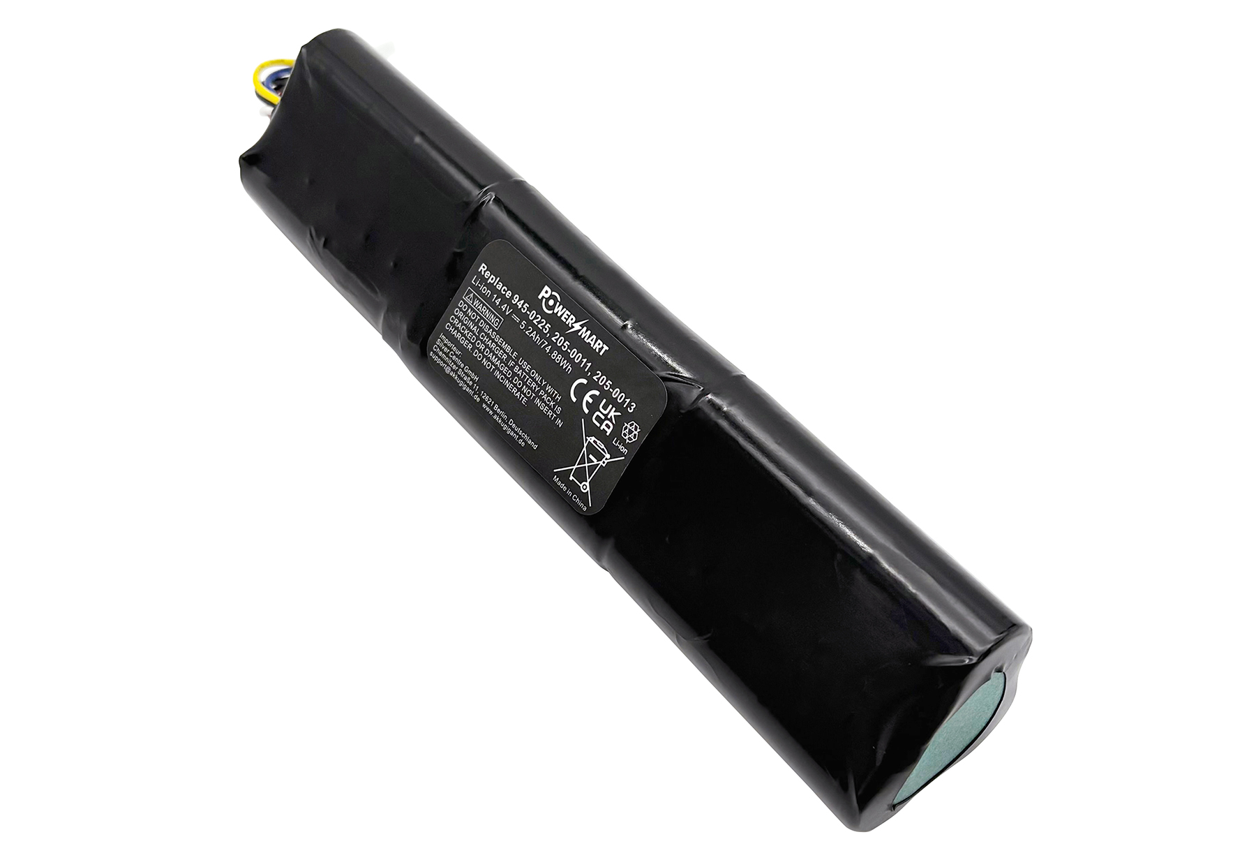 Schwarzer Lithium-Ionen-Akku mit Beschriftung und Kabeln, auf weißem Hintergrund.