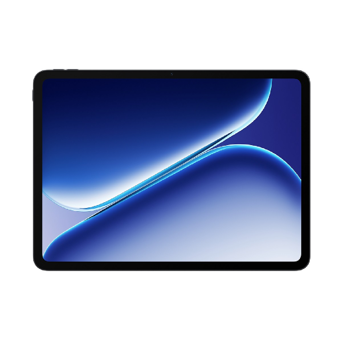 Un tablet nero con uno sfondo astratto blu.