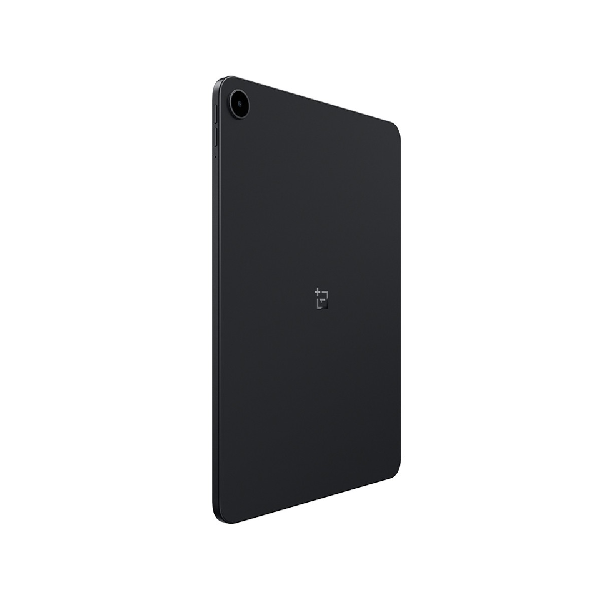 Tablet nero con fotocamera e logo su sfondo bianco.