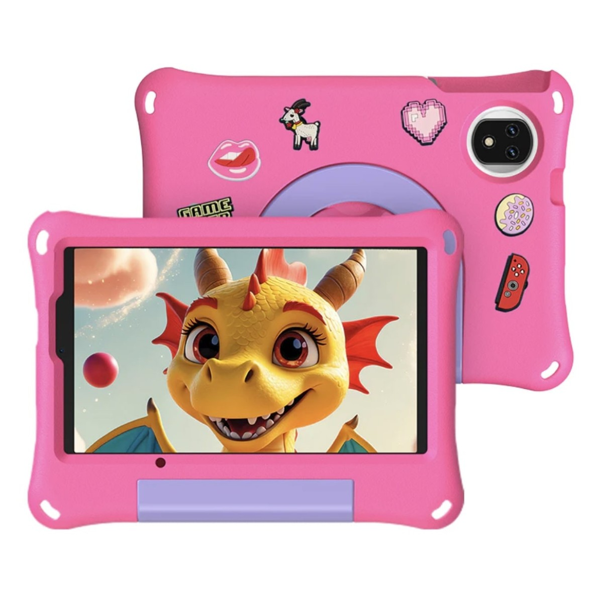 Un tablet rosa con un drago cartone animato sullo schermo e adesivi.