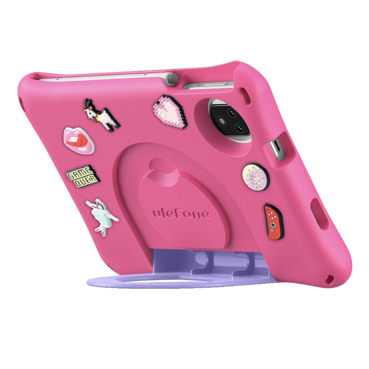 Custodia rosa con adesivi: labbra, capra, game over, ballerina, cuore.