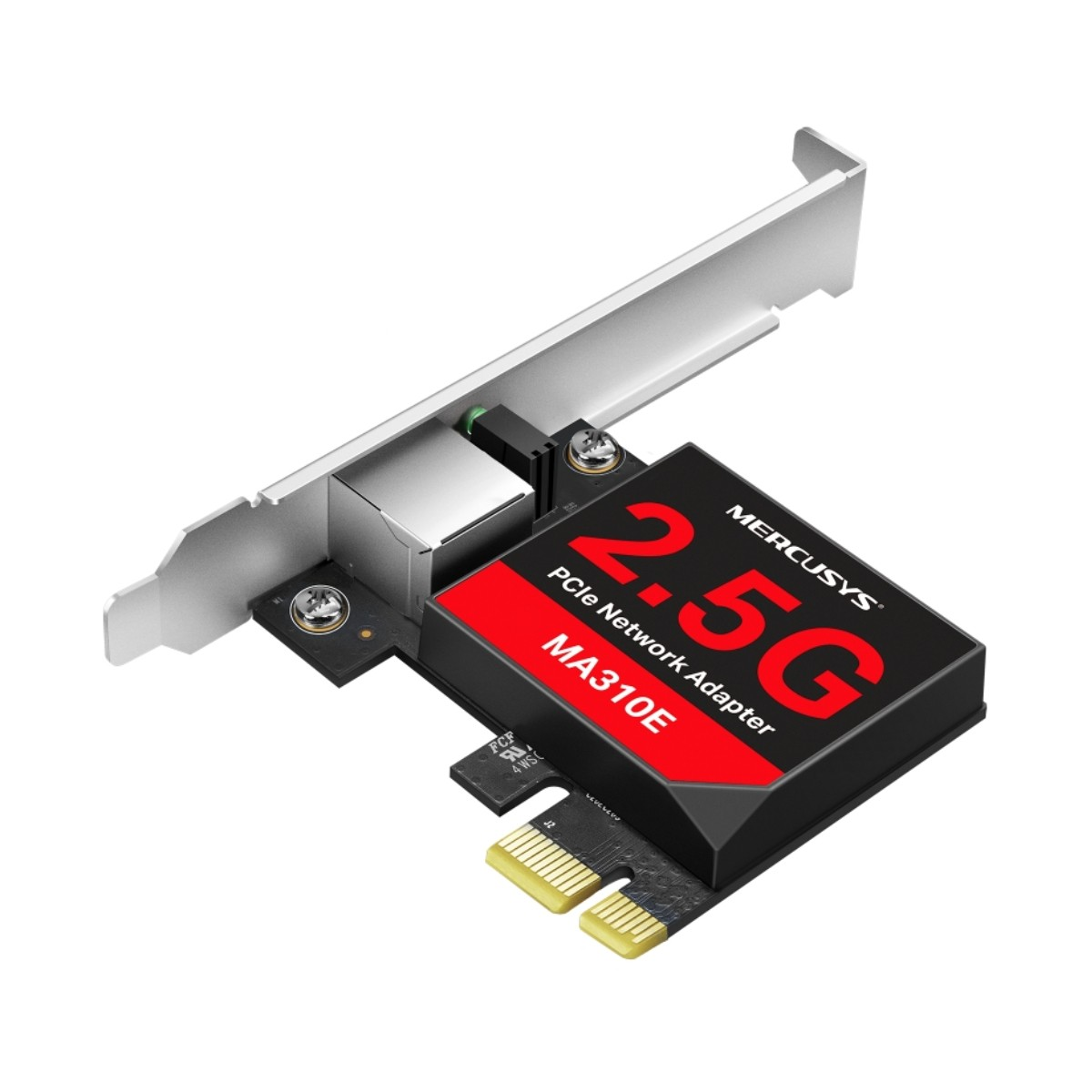 Un adattatore di rete PCIe Mercusys 2.5G con porta RJ45 e contatti dorati.