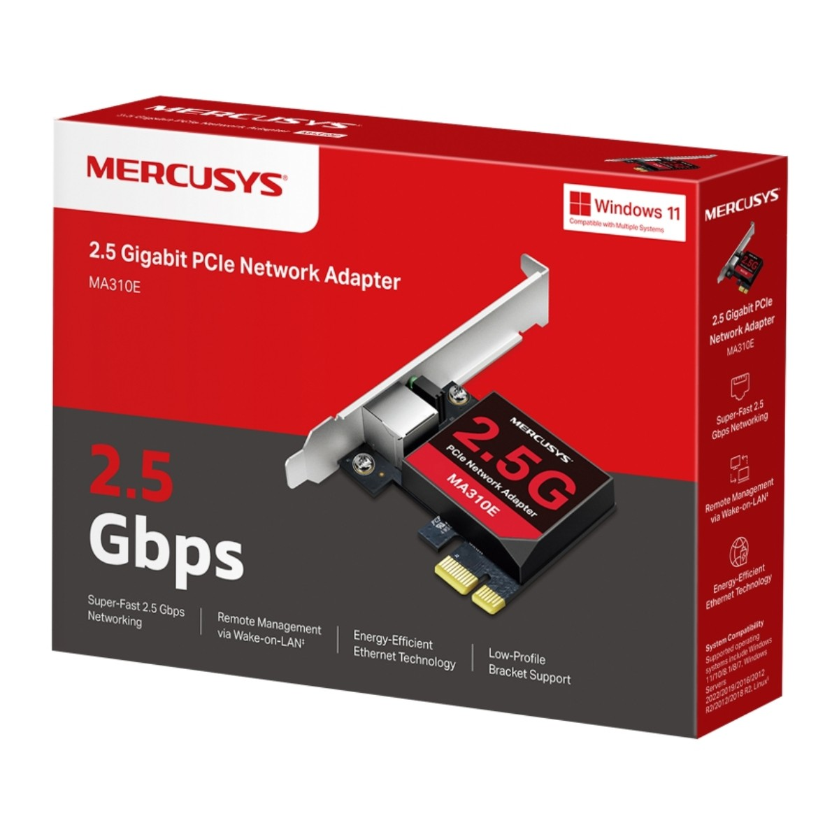 Adattatore di rete PCIe MERCUSYS 2.5G MA310E su confezione rossa con logo Windows 11.