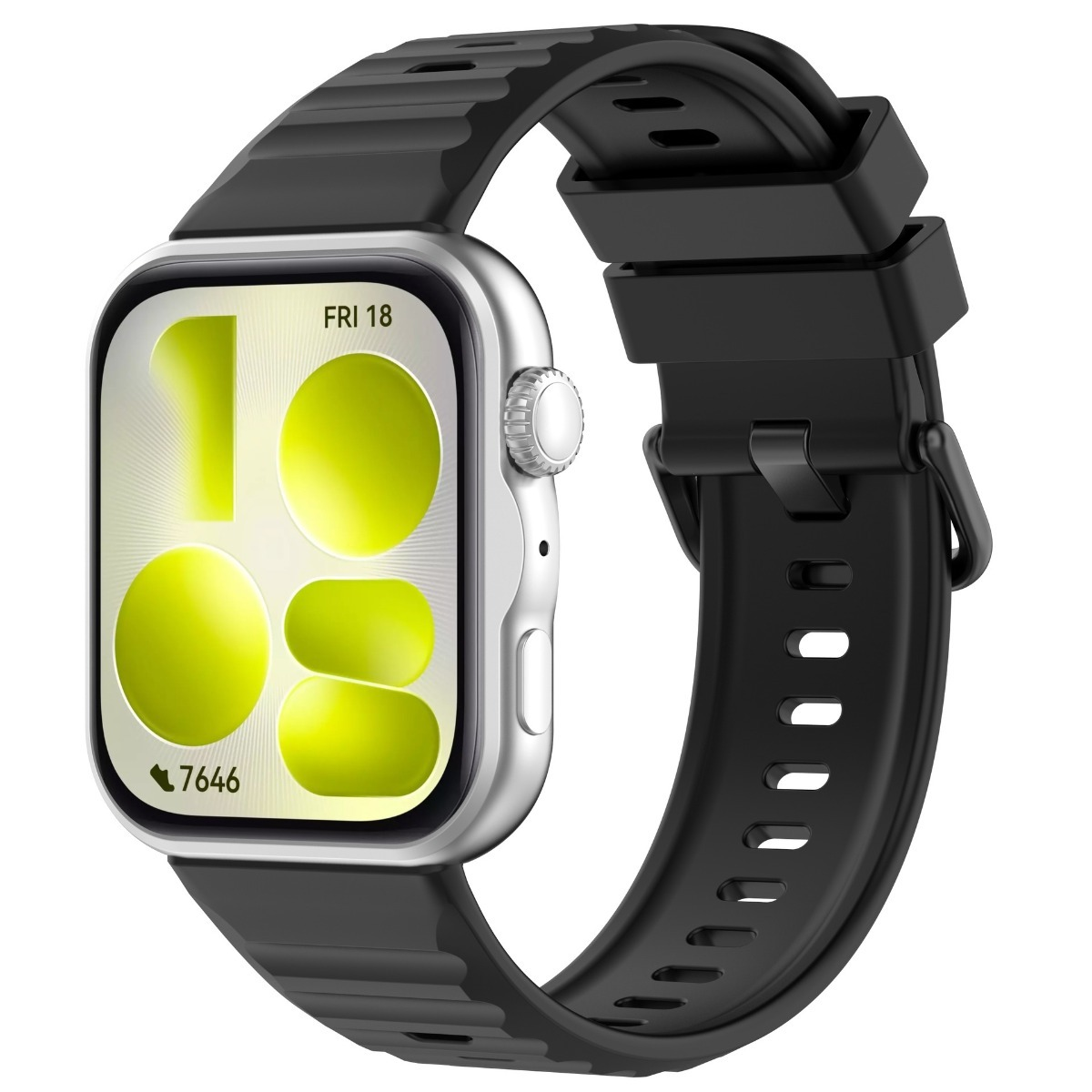 Silberne Smartwatch mit schwarzem Armband und hellem Display.