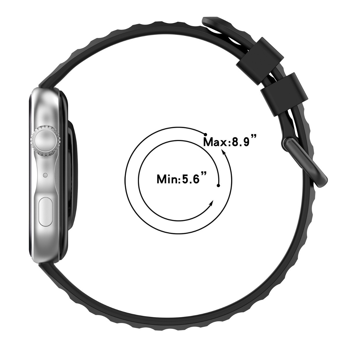Silberne Smartwatch mit schwarzem Armband, Größenangaben 5,6-8,9 Zoll.