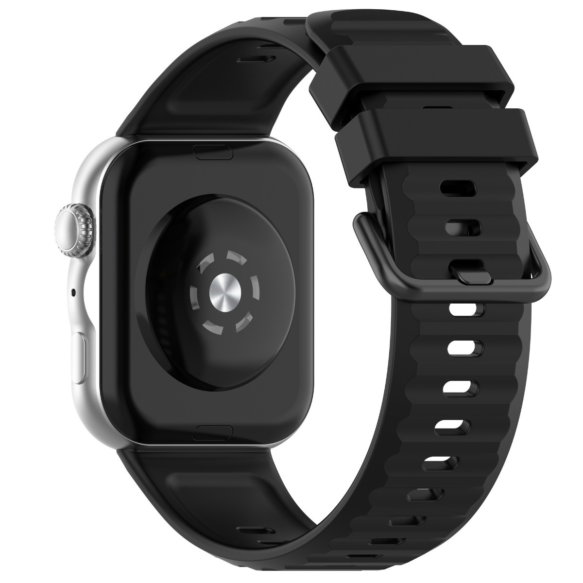 Rückseite einer silbernen Smartwatch mit schwarzem Armband und Herzfrequenzsensor.