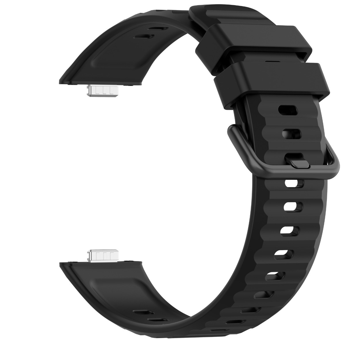 Schwarzes Uhrenarmband mit Schnalle und integriertem USB-Anschluss.
