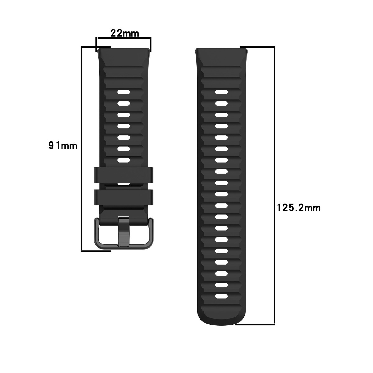 Zwei schwarze Uhrenarmbänder mit Maßen. Eines ist 91mm lang, das andere 125.2mm.