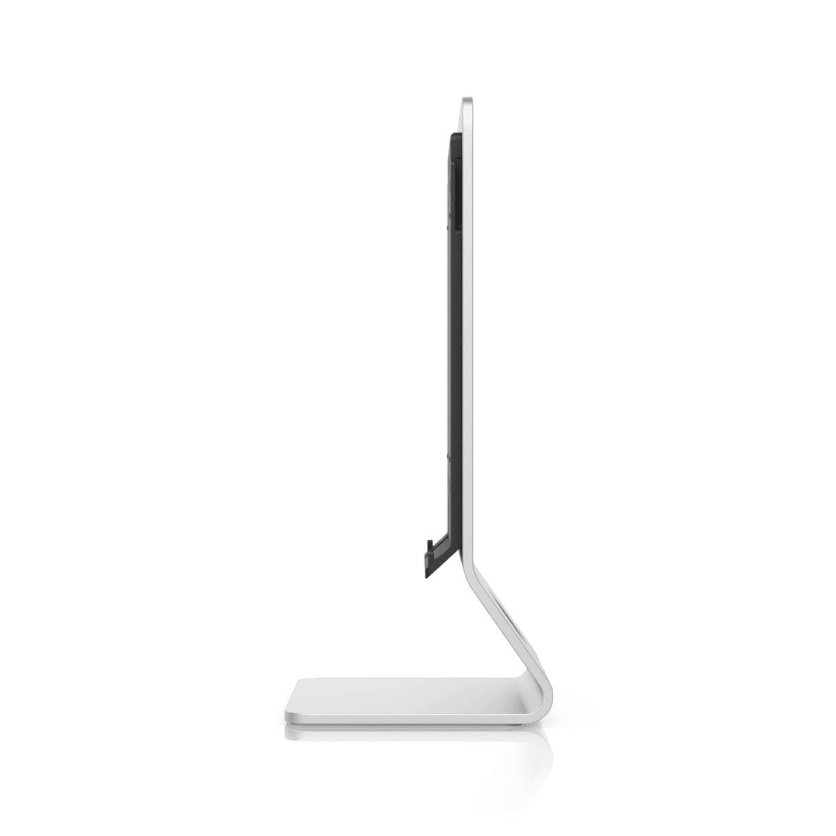 Vista laterale di un monitor bianco ed elegante con schermo nero e supporto metallico.