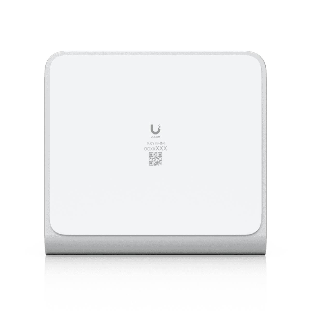 Un dispositivo bianco con un logo a U stilizzato e codici QR.