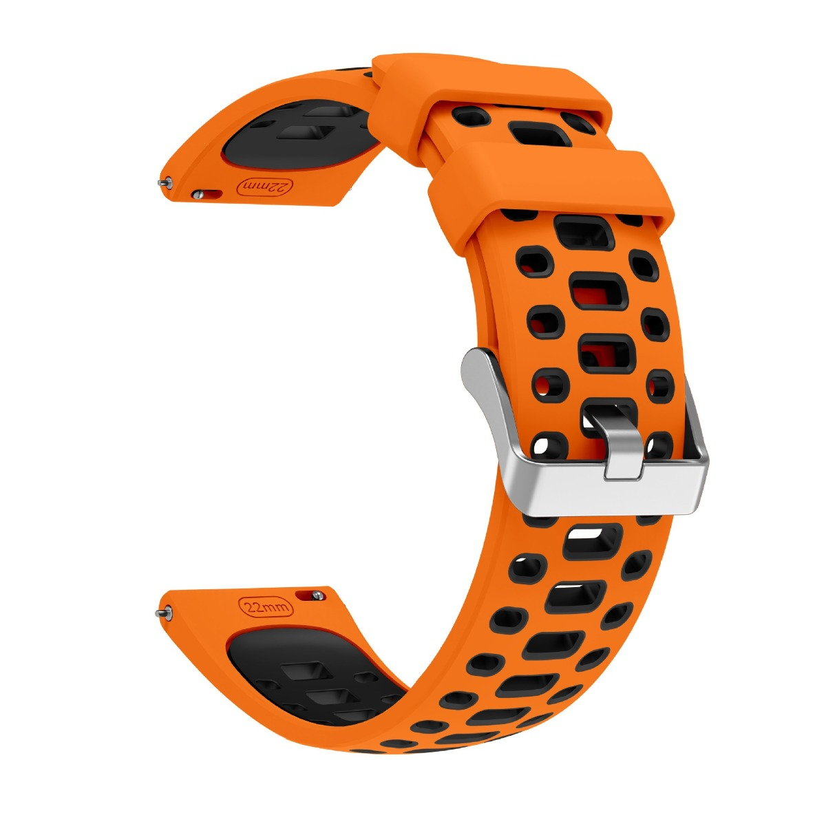 Orange Uhrenarmband mit schwarzen Ausschnitten und Silberschließe, 22mm.