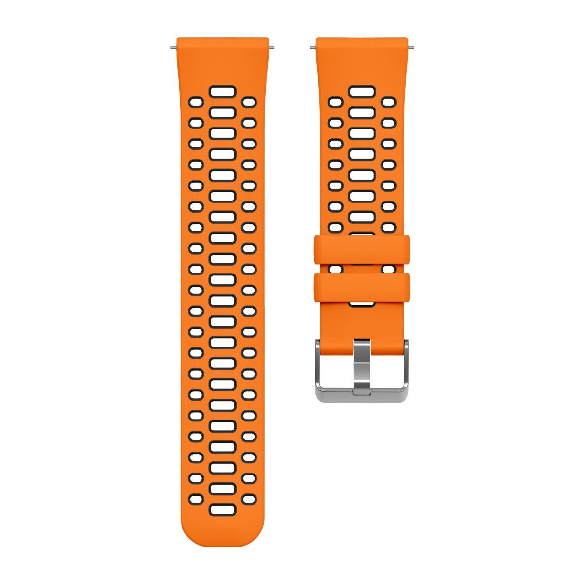Zwei orangefarbene Uhrenarmbänder mit Lünette und Schnalle auf weißem Hintergrund.