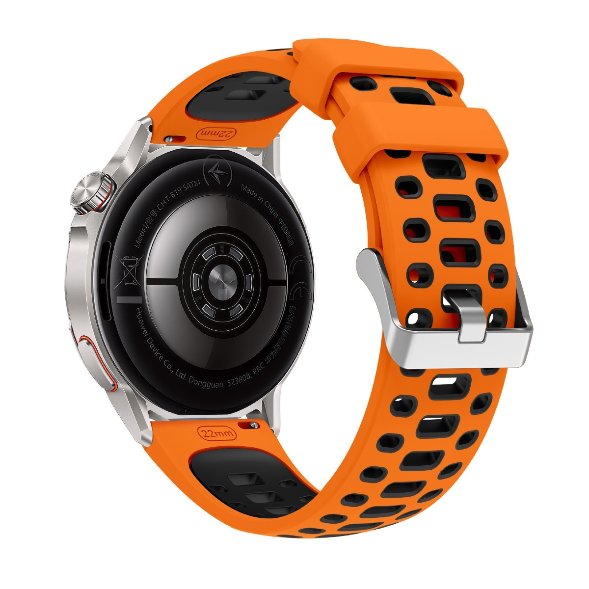 Eine Smartwatch mit einem silbernen Gehäuse und einem orangefarbenen Armband mit schwarzen Löchern.