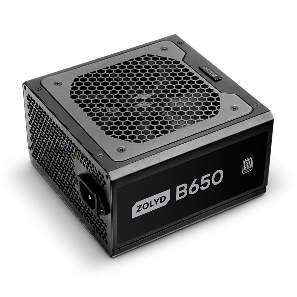 Un alimentatore ZOLYD B650 nero con logo 80 Plus Bronze.