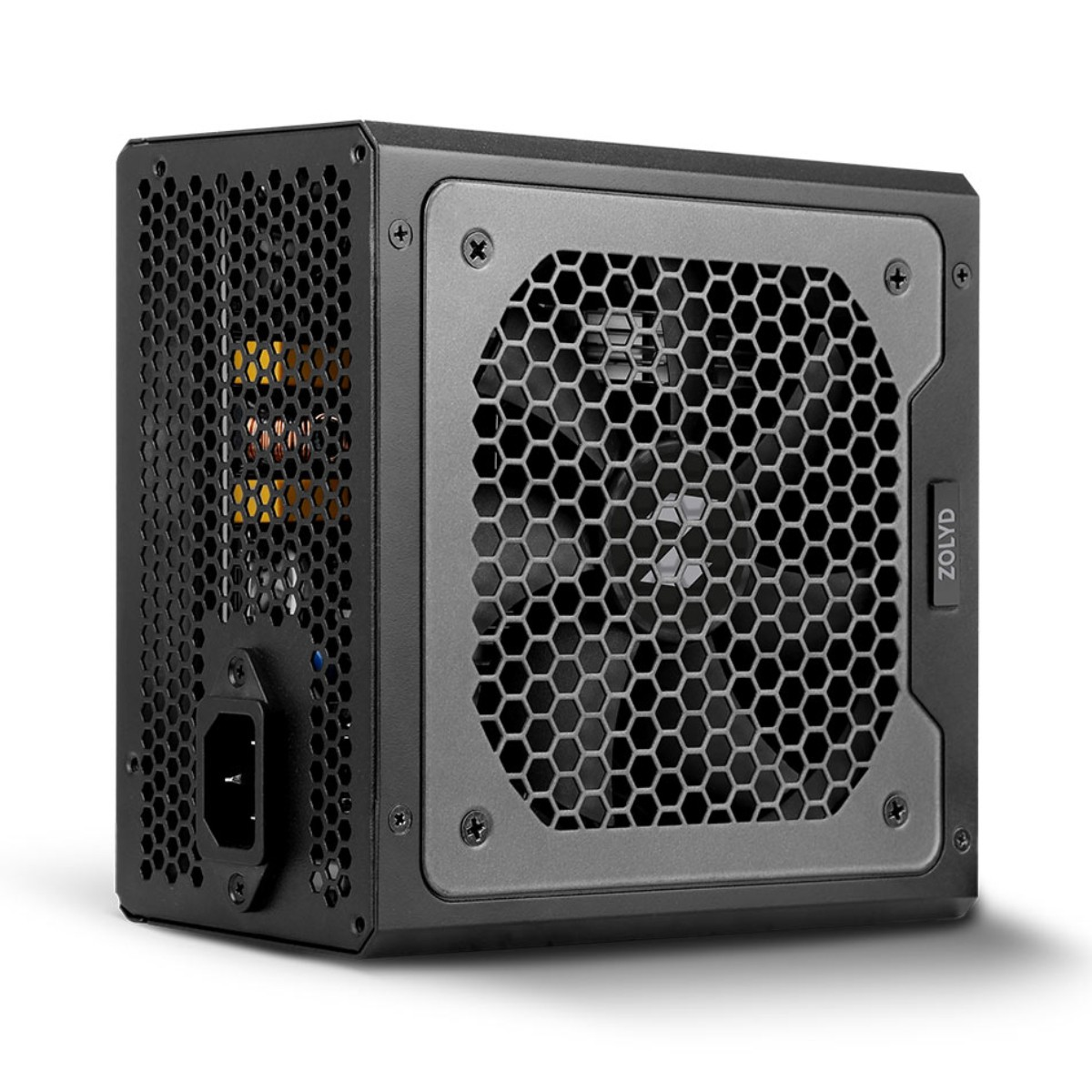 Un alimentatore per computer nero con ventola e logo ZOLYD.