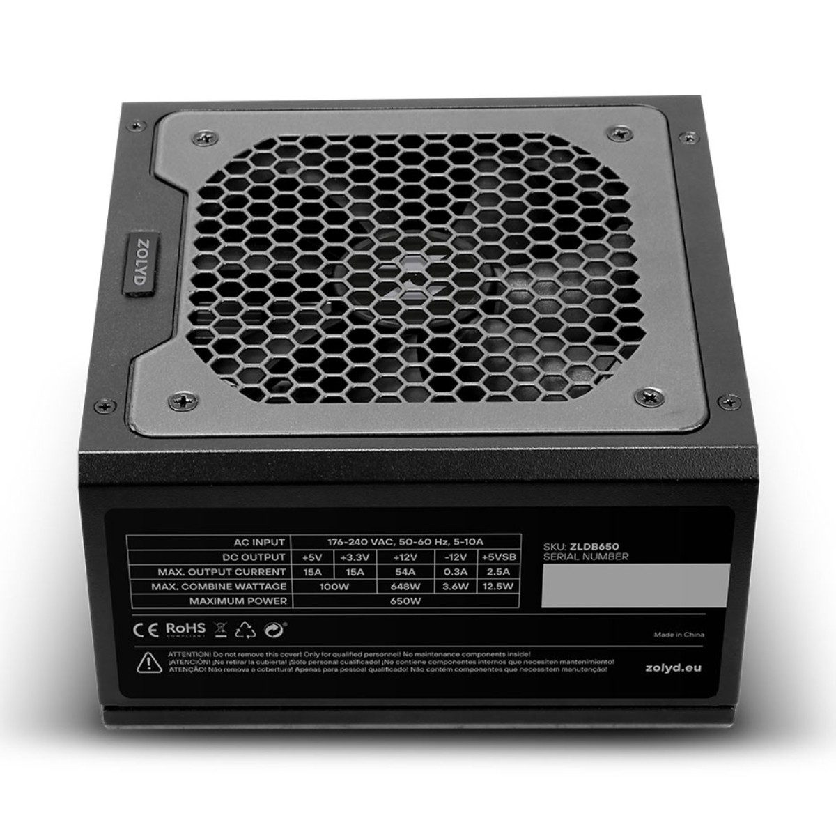 Un alimentatore per computer ZOLYD nero con una griglia per ventola esagonale in cima.