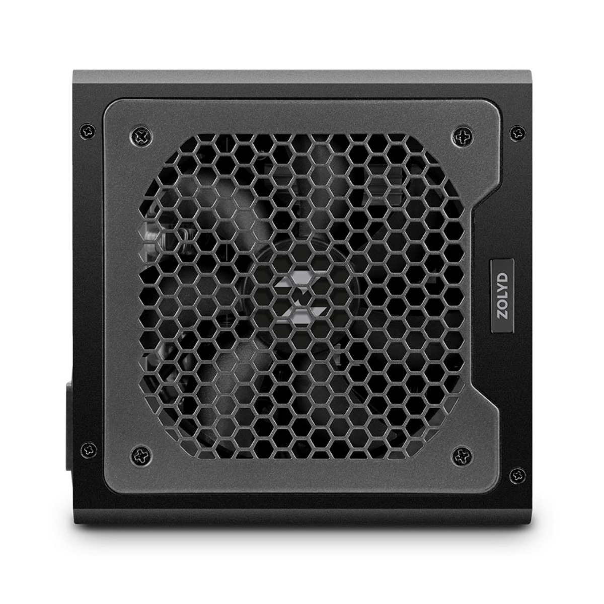 Un alimentatore per PC nero con griglia ventola e logo ZOLYD.