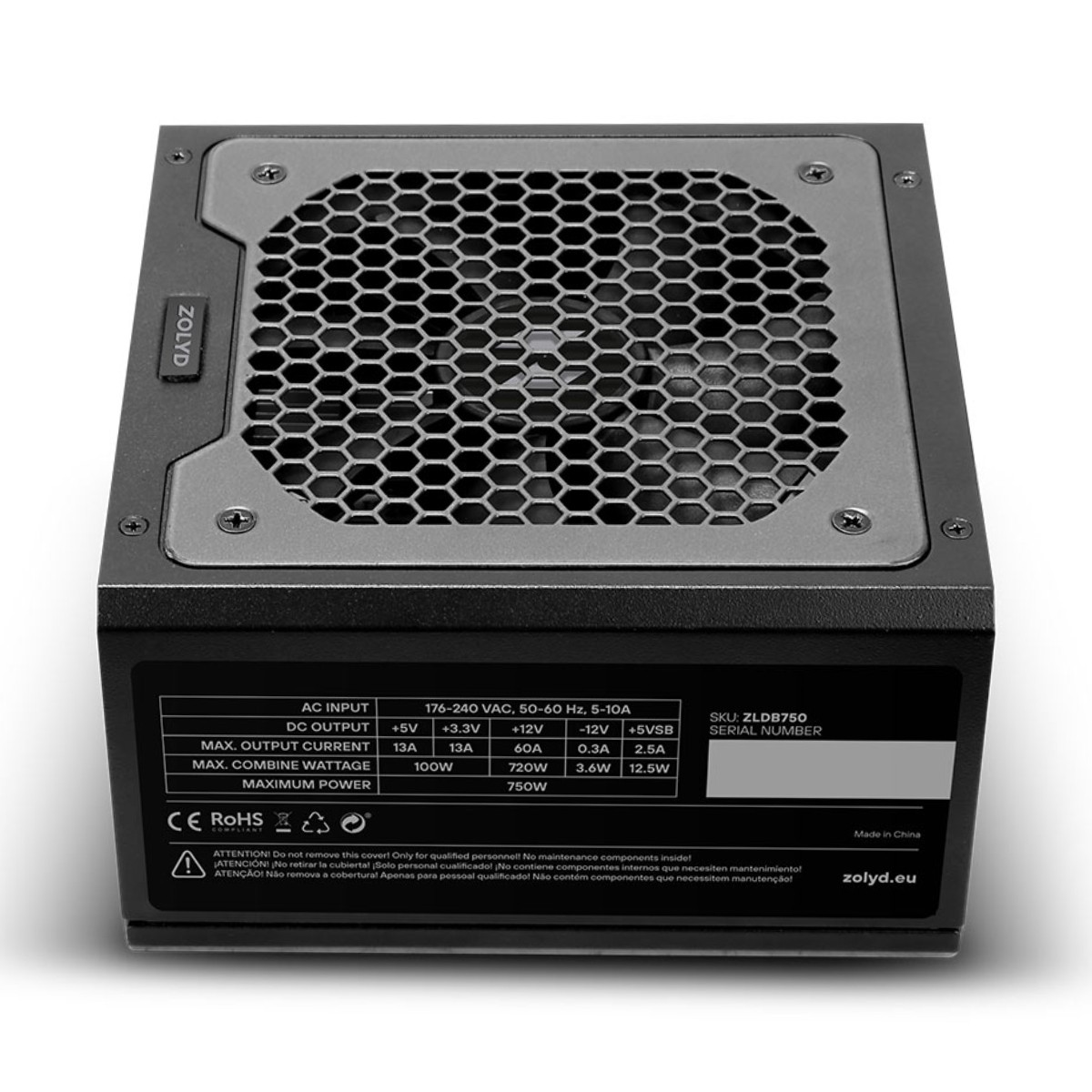 Alimentatore nero con griglia della ventola e specifiche tecniche.