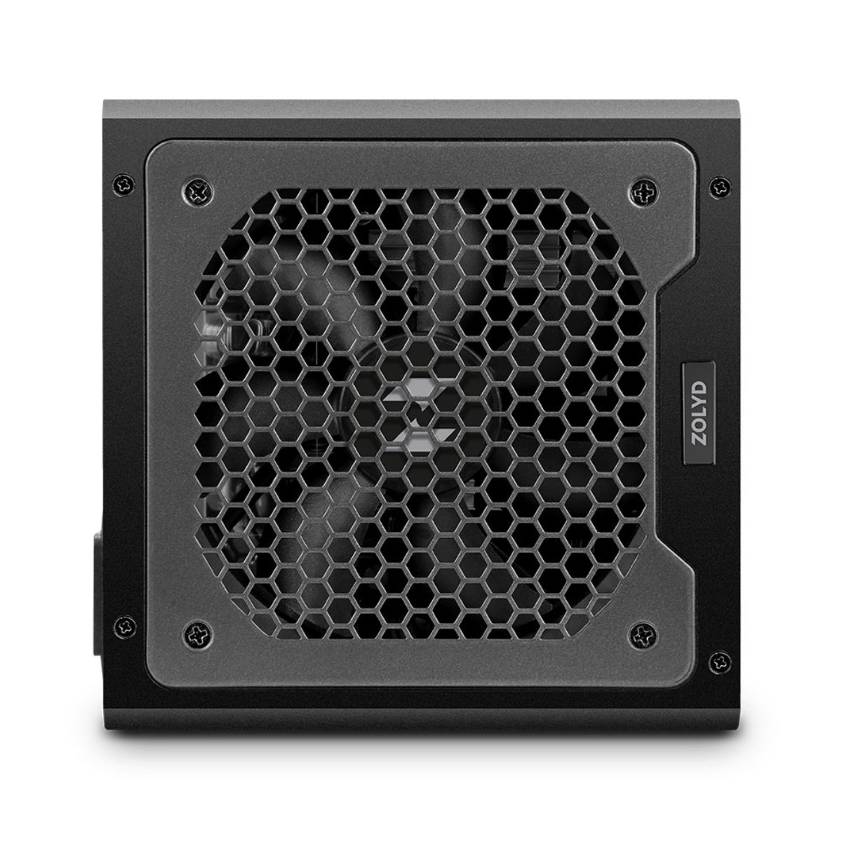 Alimentatore per computer nero con griglia ventola e logo ZOLYD sul lato.