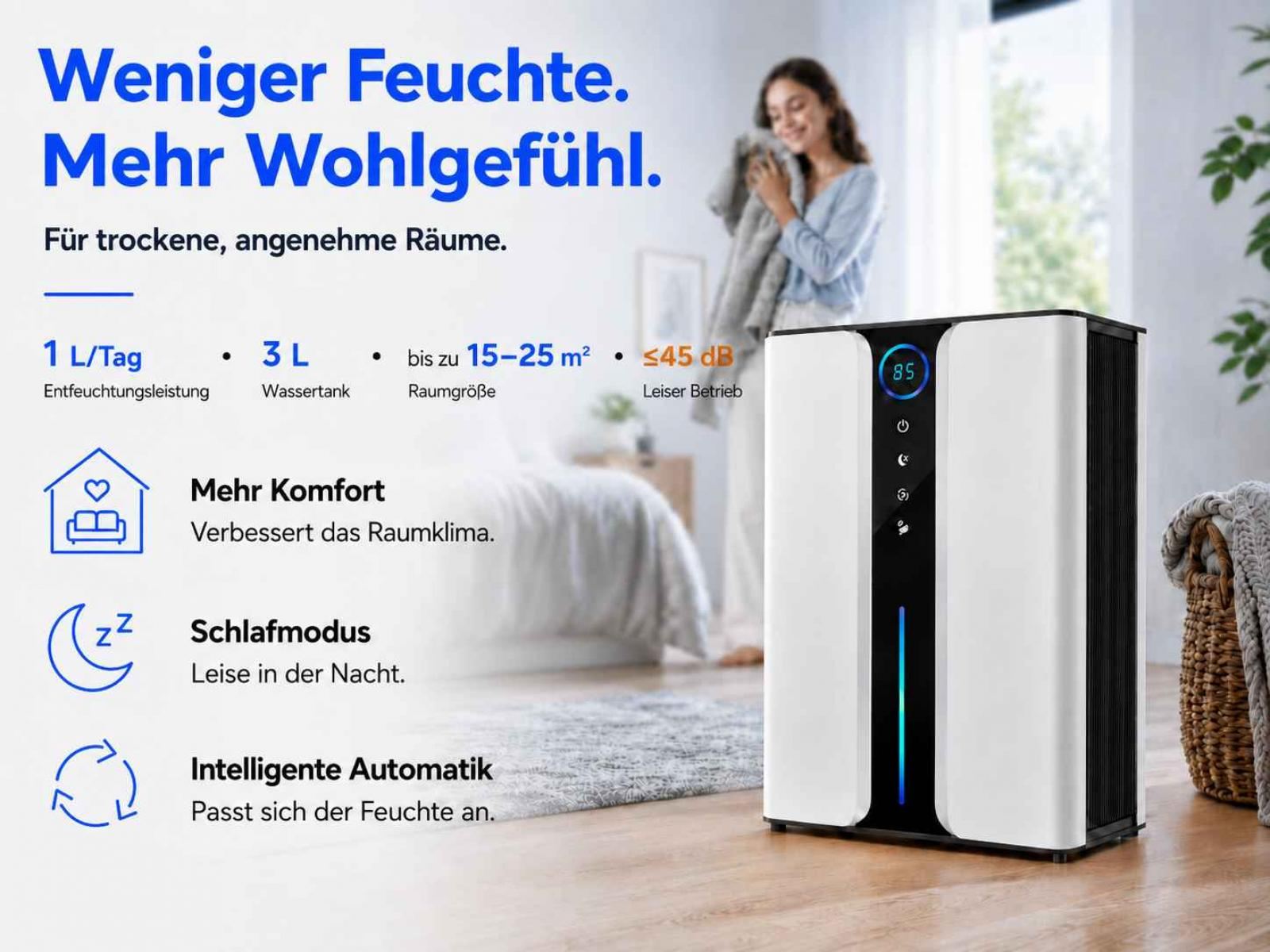 Ein weißer Luftentfeuchter mit schwarzer Front steht auf einem Holzboden. Eine Frau im Hintergrund riecht an einem Handtuch.