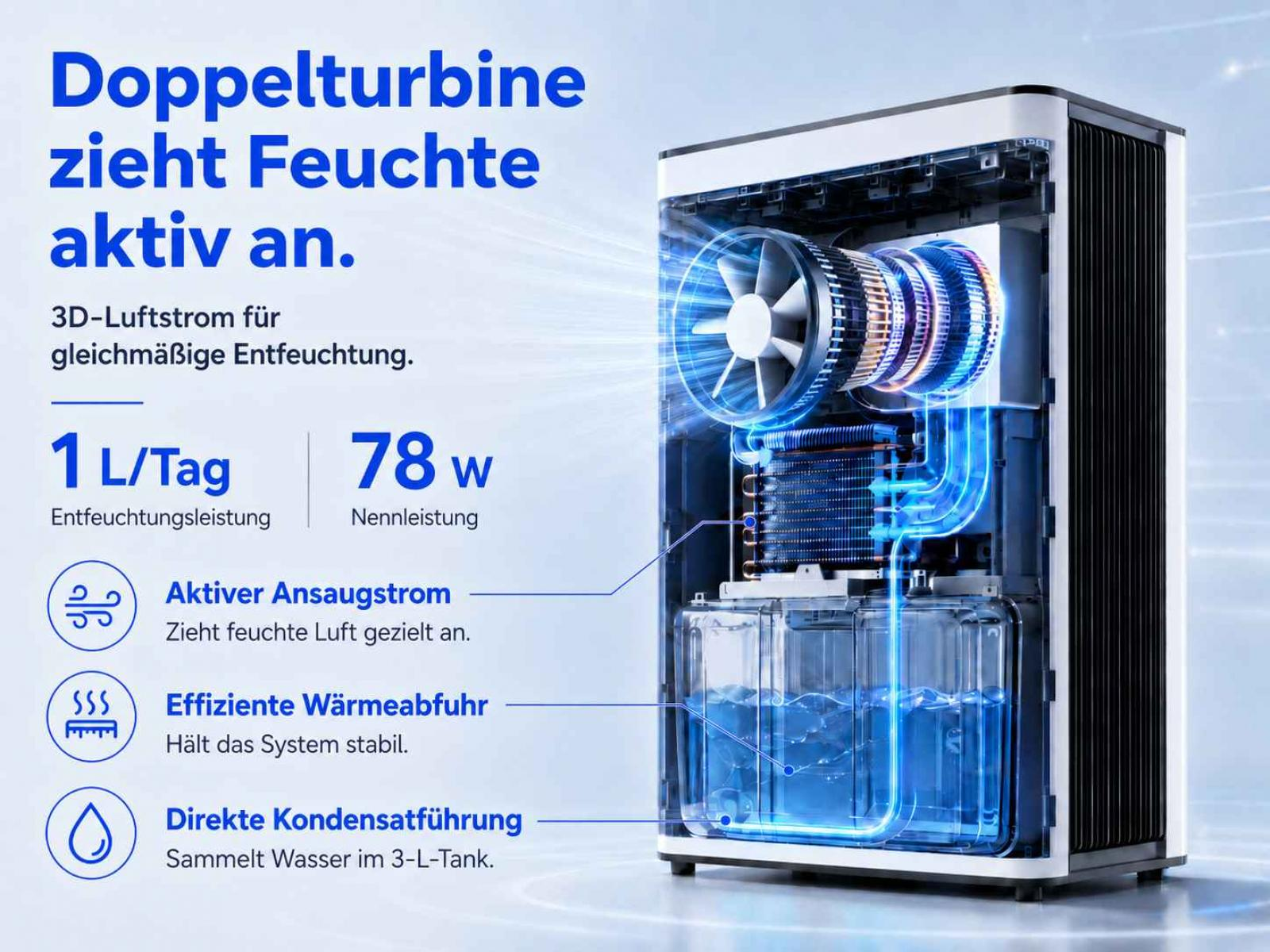 Ein Luftentfeuchter mit Doppelturbine, der 1 L/Tag bei 78 W entfeuchtet.