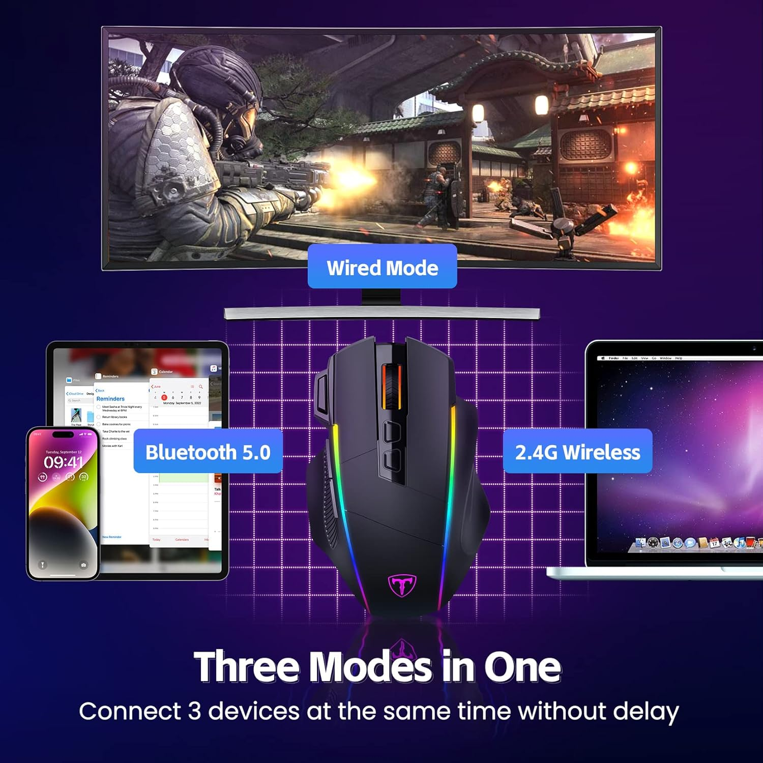 Gaming-Maus mit drei Modi: Kabelgebunden, Bluetooth 5.0, 2.4G Wireless.