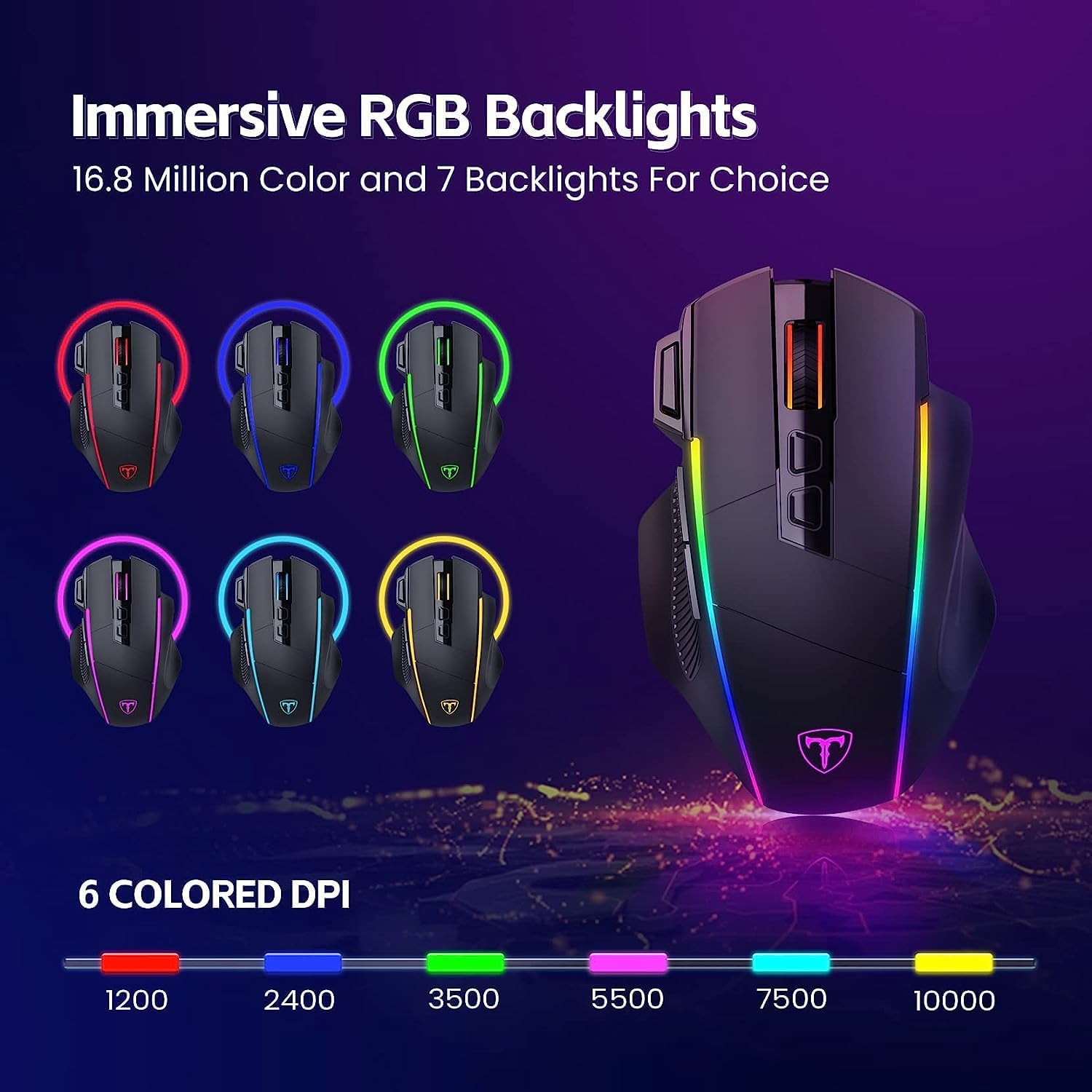 Gaming-Maus mit 6 farbigen DPI-Einstellungen und RGB-Hintergrundbeleuchtung in verschiedenen Farben.