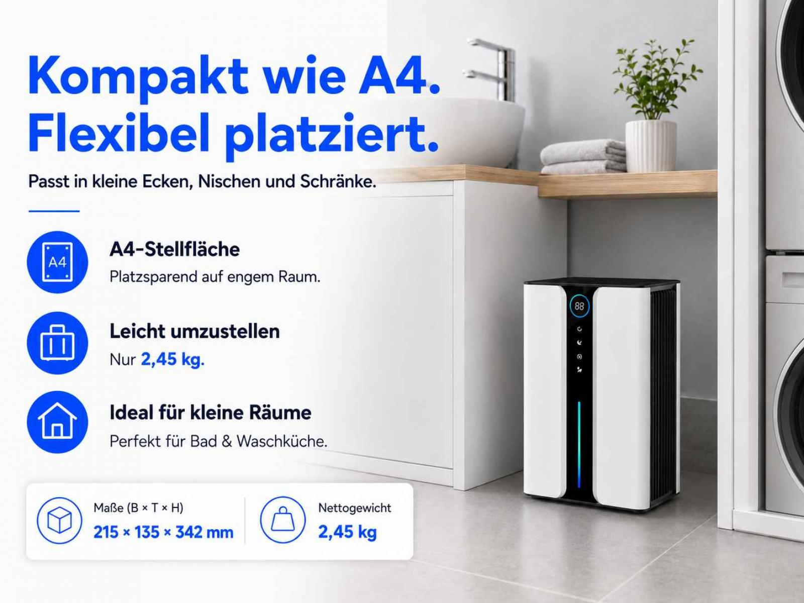 Ein weißer Luftentfeuchter mit schwarzer Front und blauer LED-Anzeige in einem Badezimmer.
