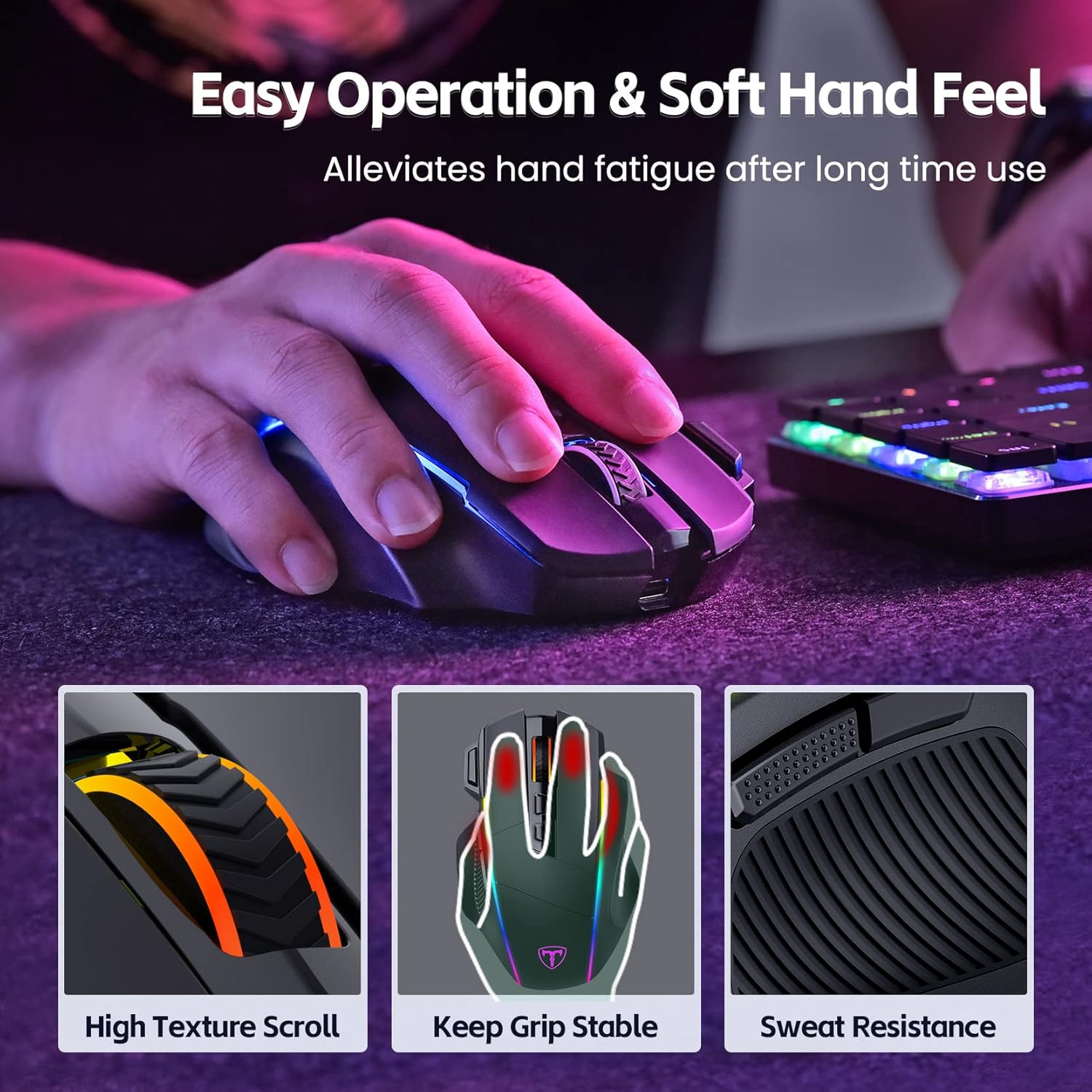 Hand mit beleuchteter Gaming-Maus, Nahaufnahme, scrollrad texturiert.