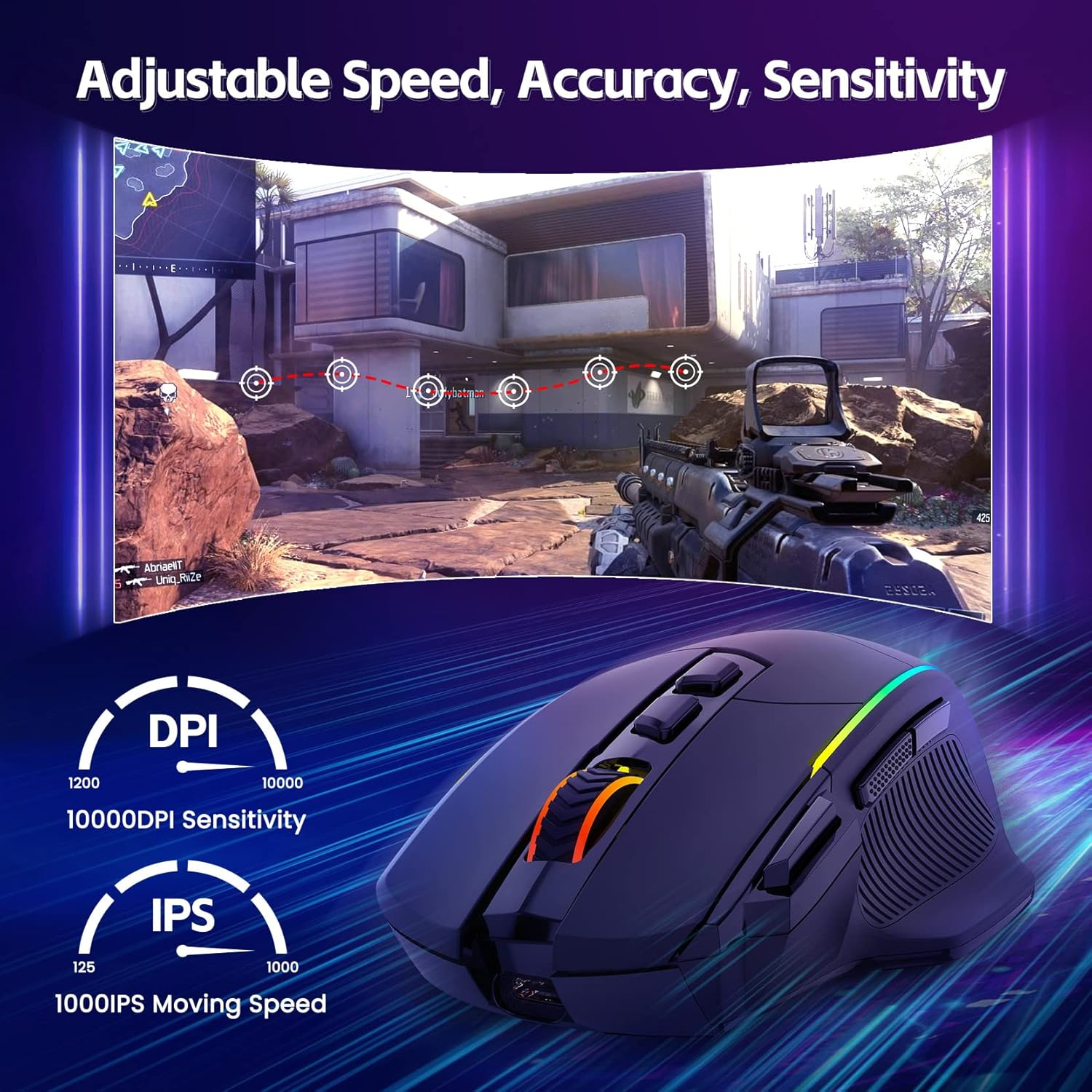 Gaming-Maus mit einstellbarer Geschwindigkeit und einem Videospiel-Screenshot.