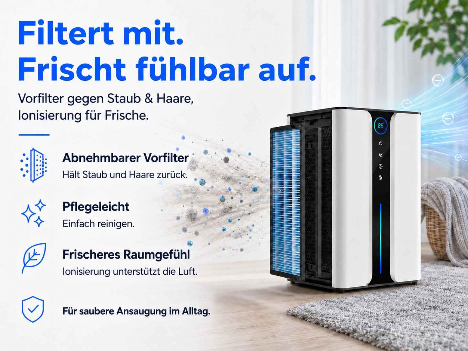 Ein weißer Luftreiniger mit blauem Filter und Staubpartikeln. Zeigt Funktionen an.