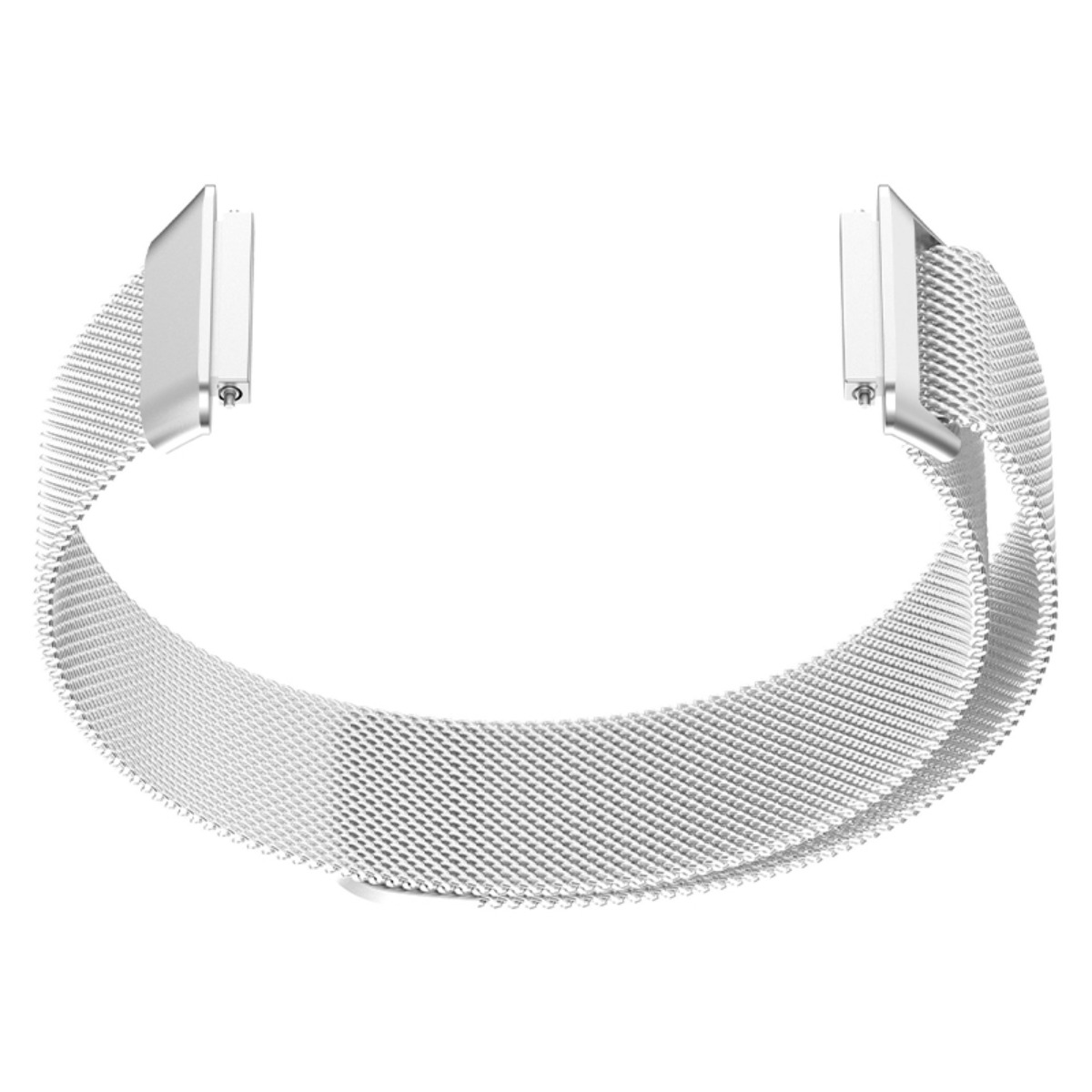 Silbernes Mesh-Armband für eine Uhr, das auf weißem Hintergrund isoliert ist.