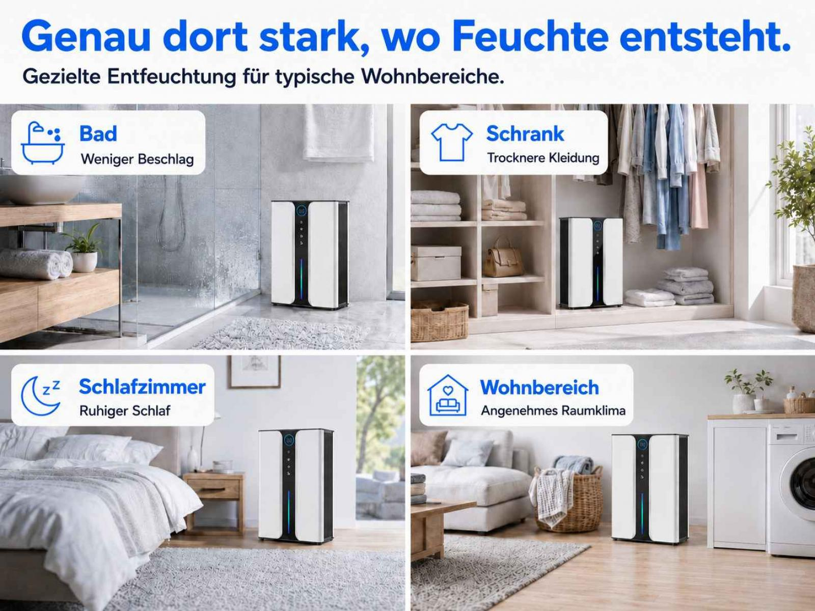 Vier Szenen zeigen einen Luftentfeuchter in Bad, Schrank, Schlafzimmer und Wohnbereich.