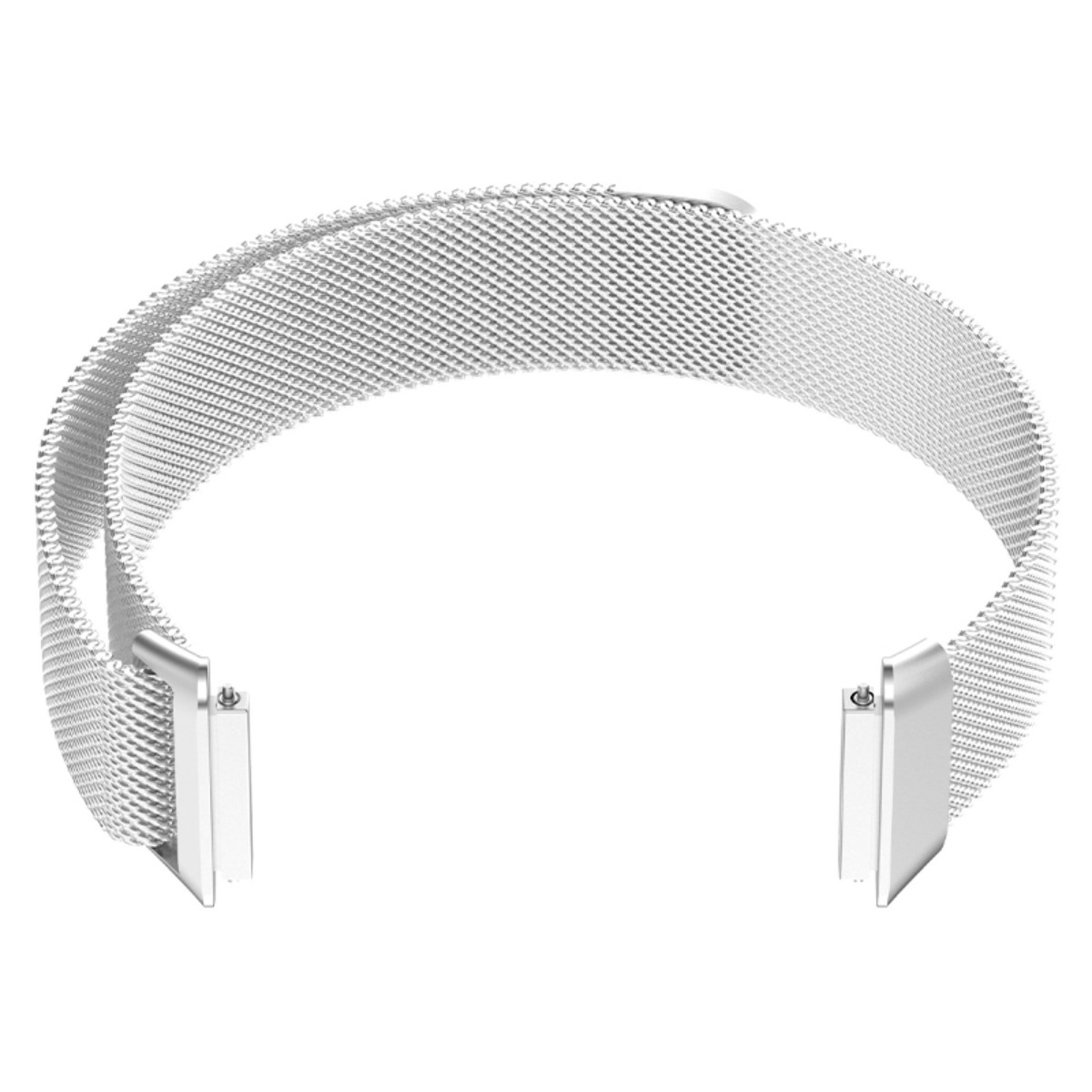 Ein silbernes Mesh-Uhrenarmband mit Metallschnallen auf weißem Grund.