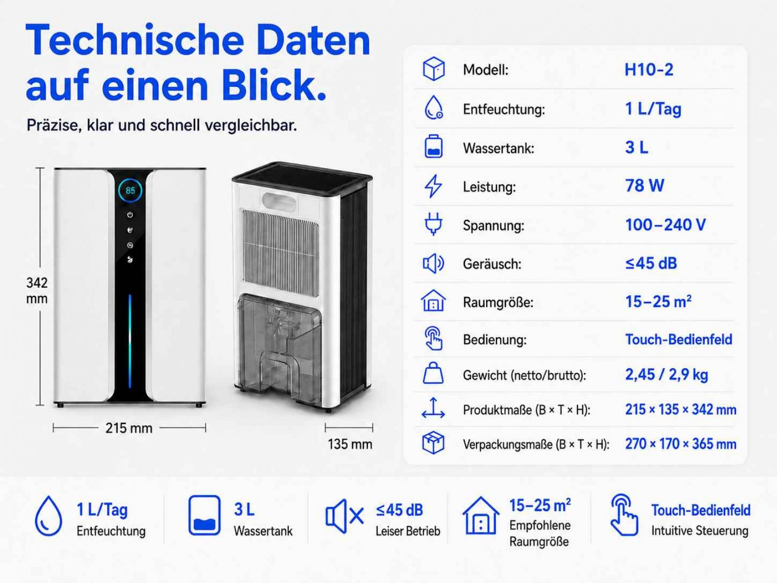 Technische Daten eines Luftentfeuchters mit Modell H10-2, 78W, 3L Tank.