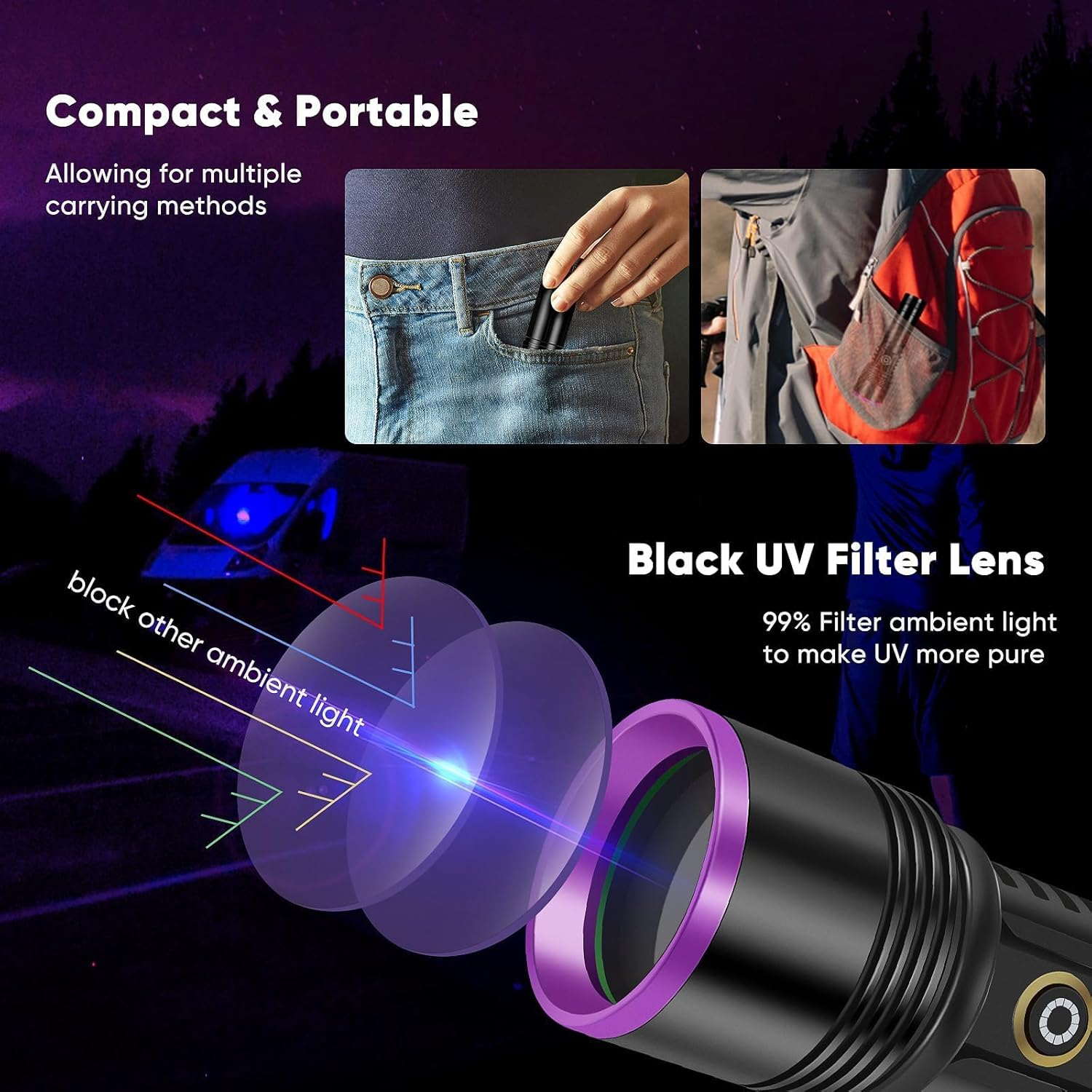Schwarze Taschenlampe mit UV-Filterlinse, kompakt und tragbar zum Mitnehmen.