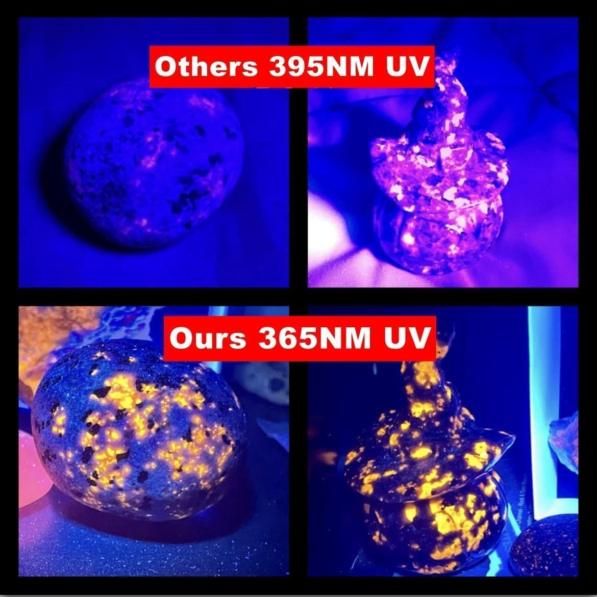 Zwei Steine unter 395NM UV und zwei unter 365NM UV.