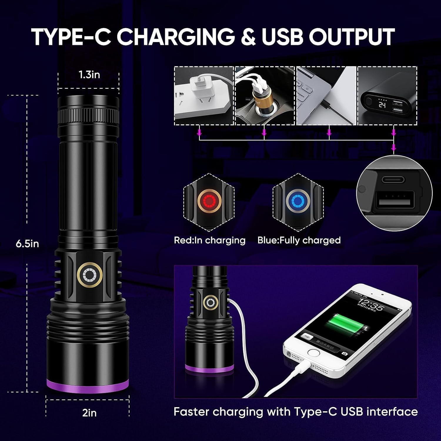 Schwarzlicht mit Typ-C-Ladefunktion und USB-Ausgang, Maße: 6,5x2 Zoll.