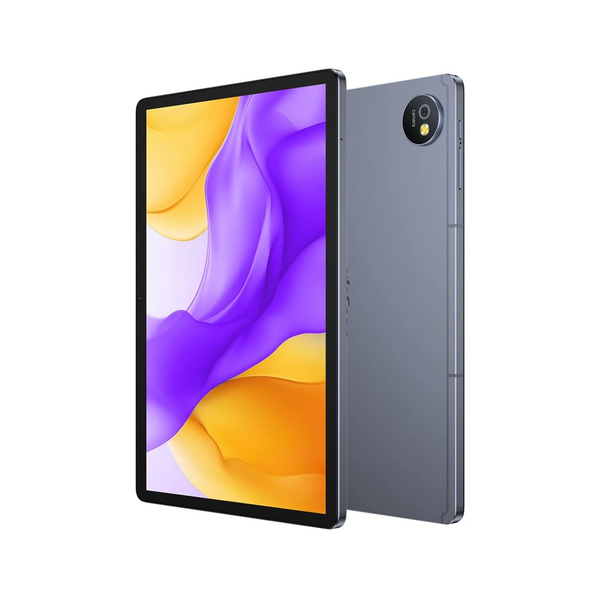 Un tablet grigio con schermo che mostra onde viola e gialle.