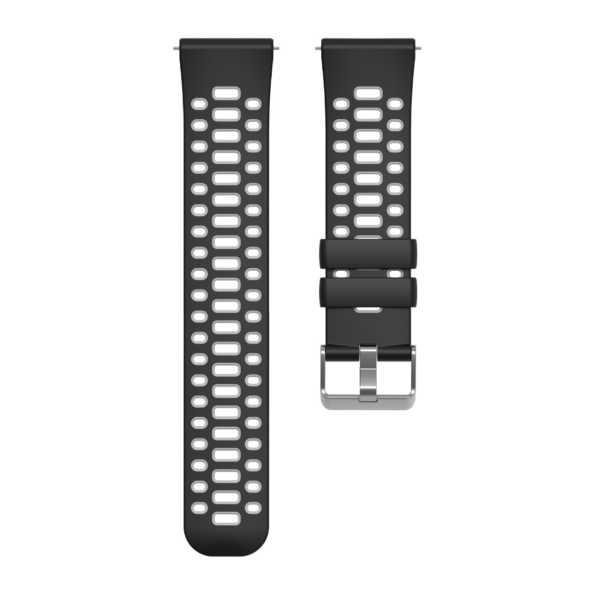 Schwarzes Uhrenarmband mit Belüftungslöchern und Metallschnalle.