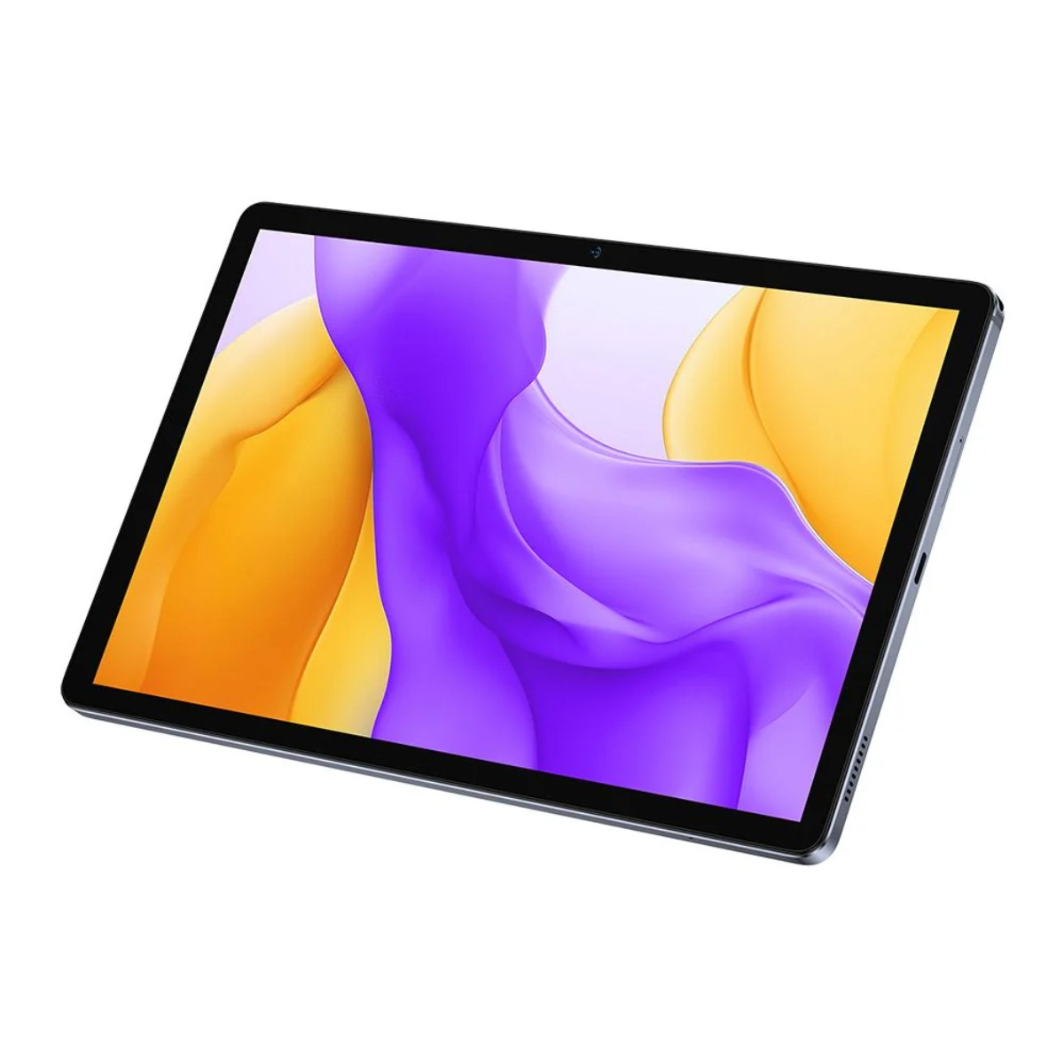Un tablet grigio che mostra uno sfondo viola e arancione sullo schermo.