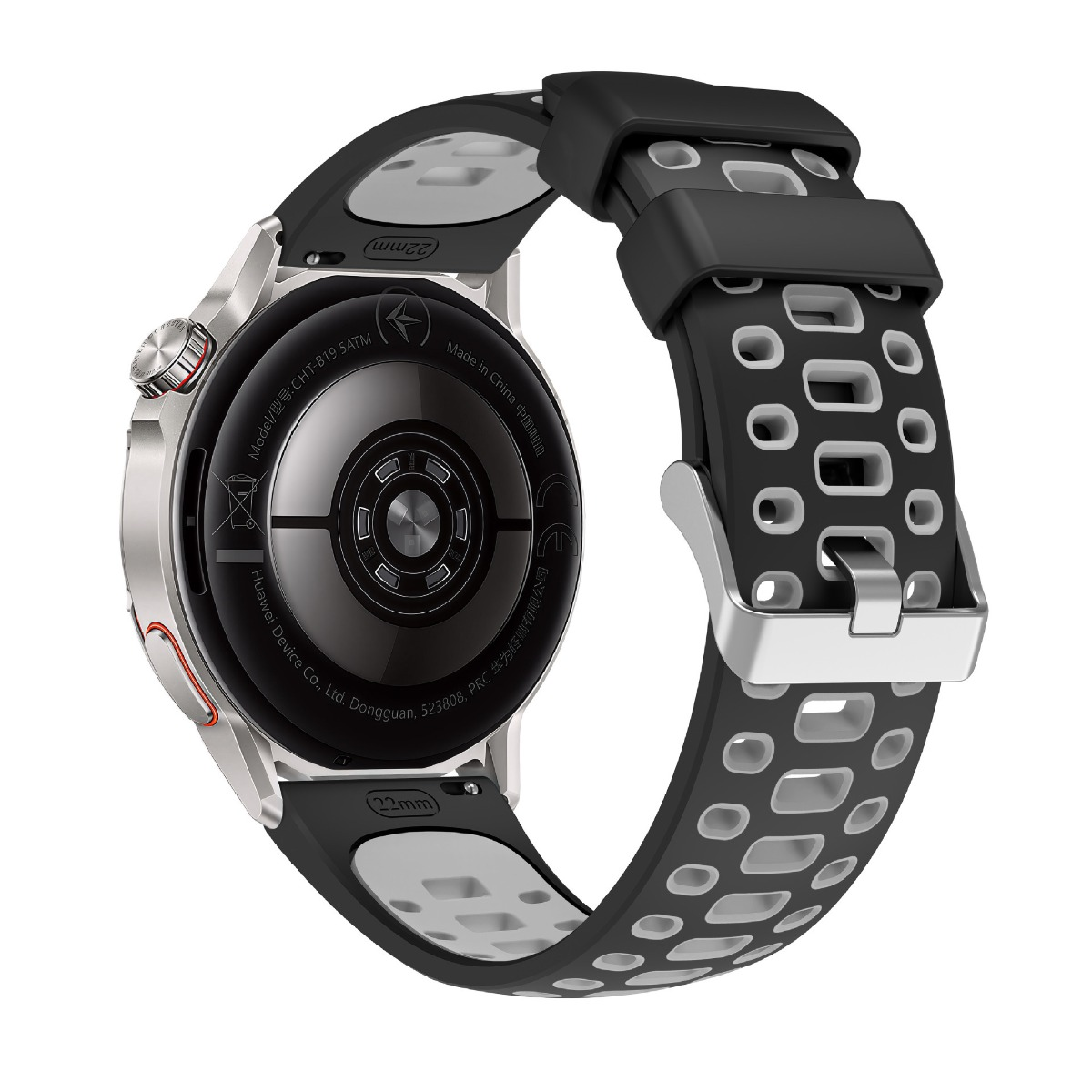 Silberne Smartwatch mit schwarzem Armband und Lünette, Rückseite mit Details.