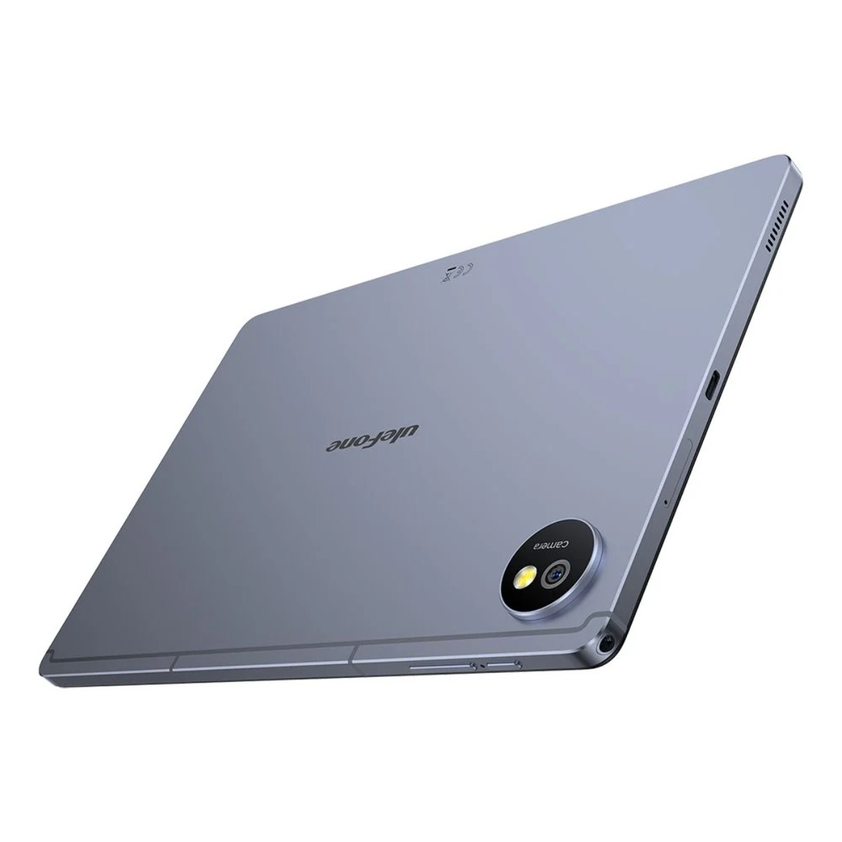Un tablet grigio con modulo fotocamera e logo Ulefone sul retro.