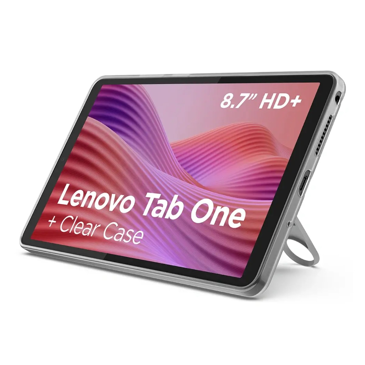 Lenovo Tab One con schermo HD+ da 8,7" in custodia trasparente con cavalletto.