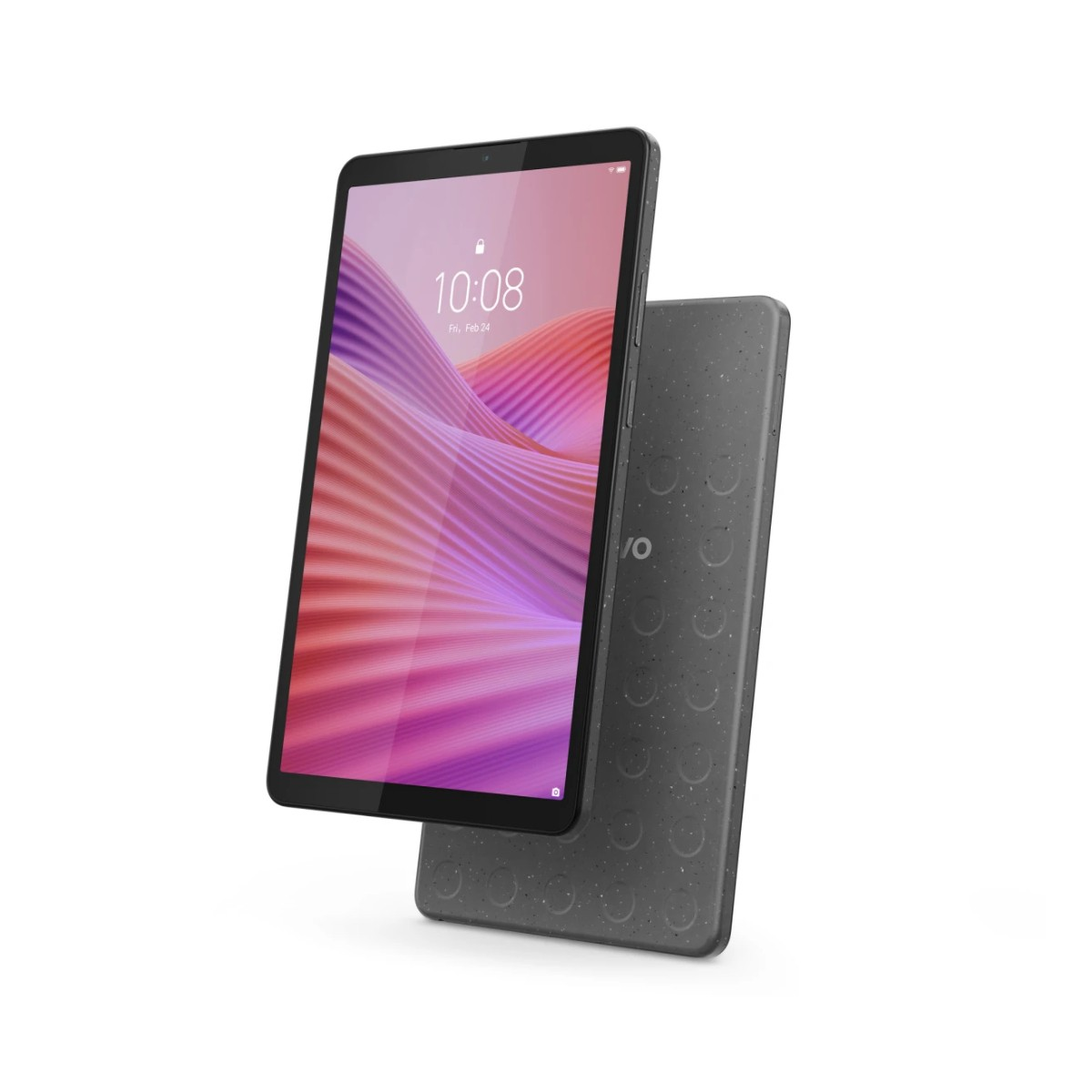 Un tablet con sfondo rosa-viola è accanto a un power bank grigio.