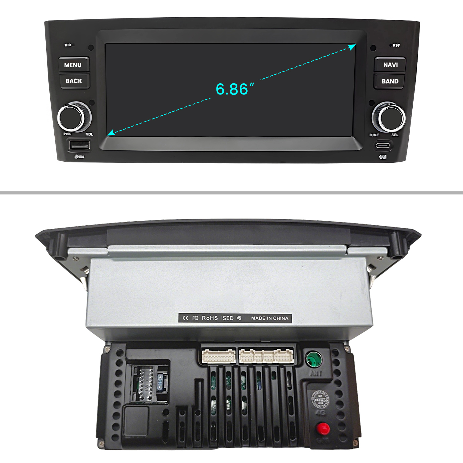 Ein Auto-Infotainment-System mit Touchscreen und Tasten vorne und Anschlüssen hinten.