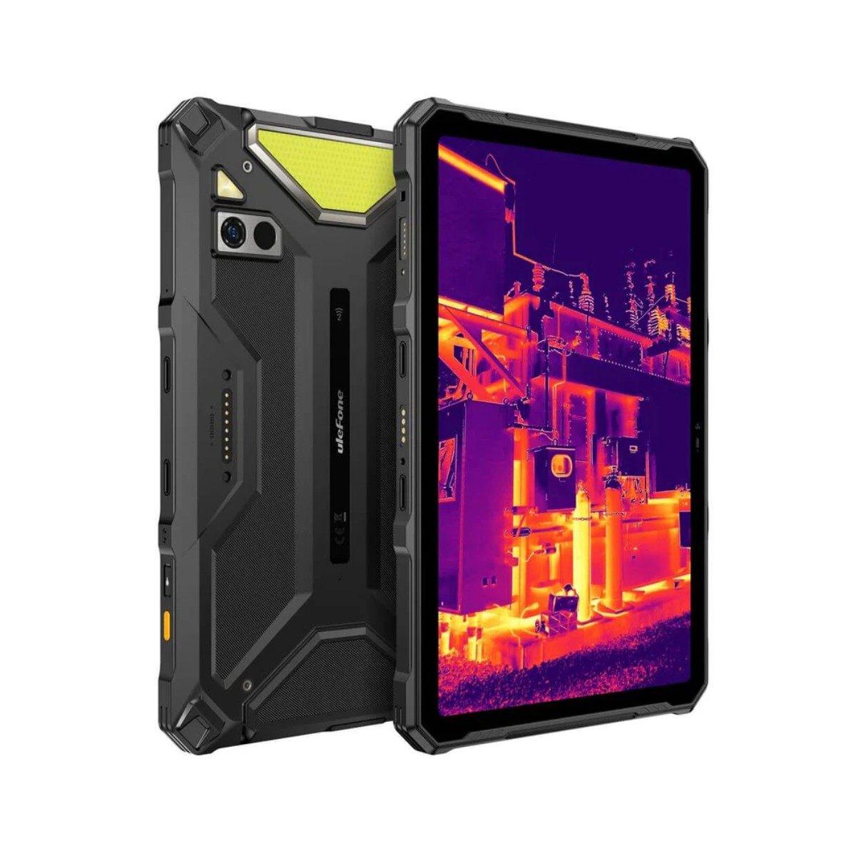 Viene mostrato un tablet robusto nero con accento giallo. Lo schermo visualizza un'immagine termica.