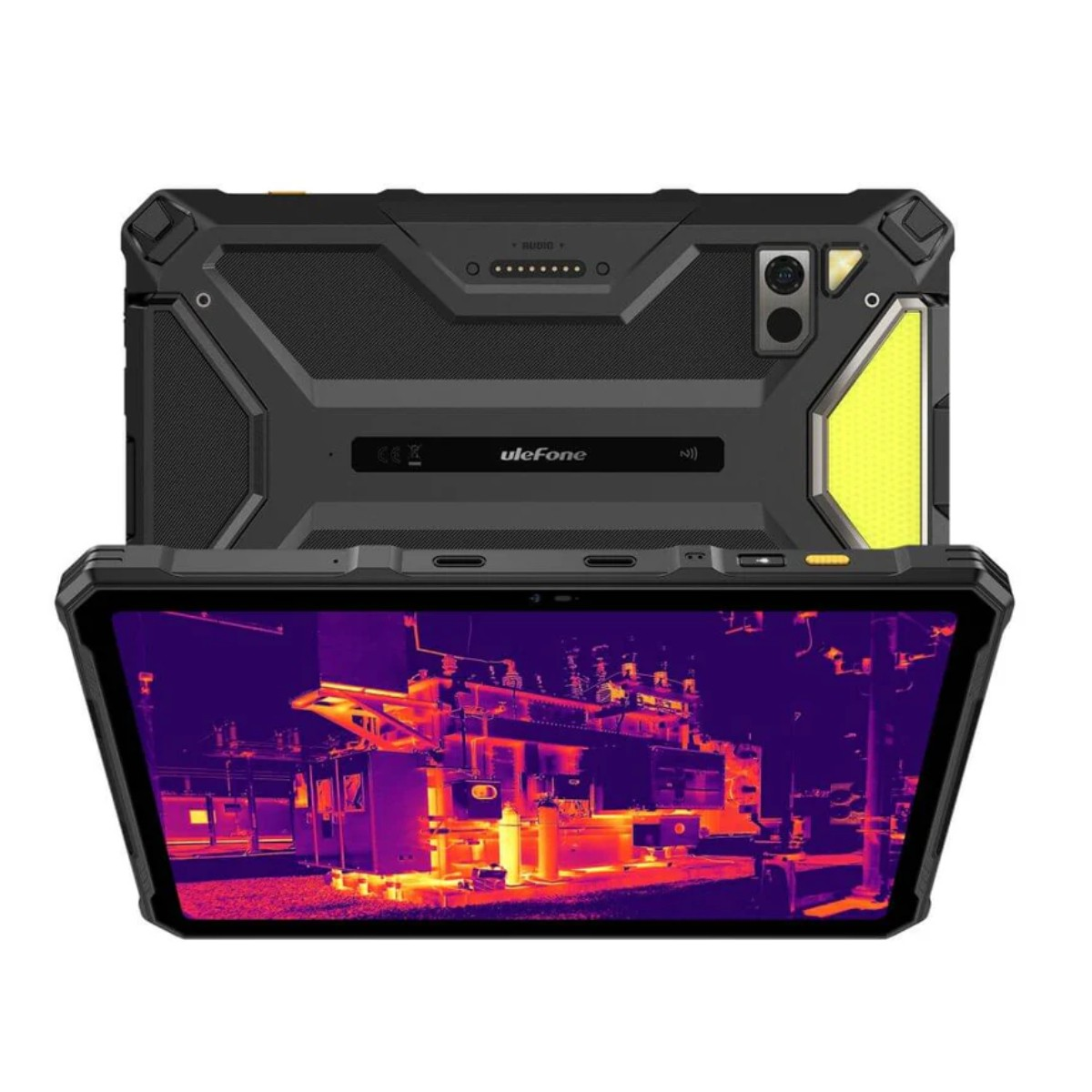 Tablet robusto che mostra immagine termica di sito industriale. Nero e giallo.