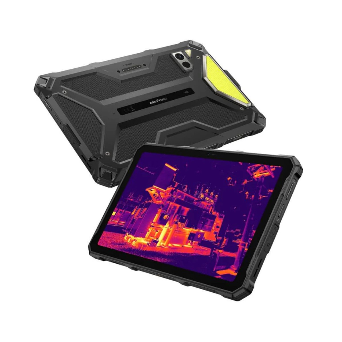 Tablet robusto con immagine termica sullo schermo e accento giallo.