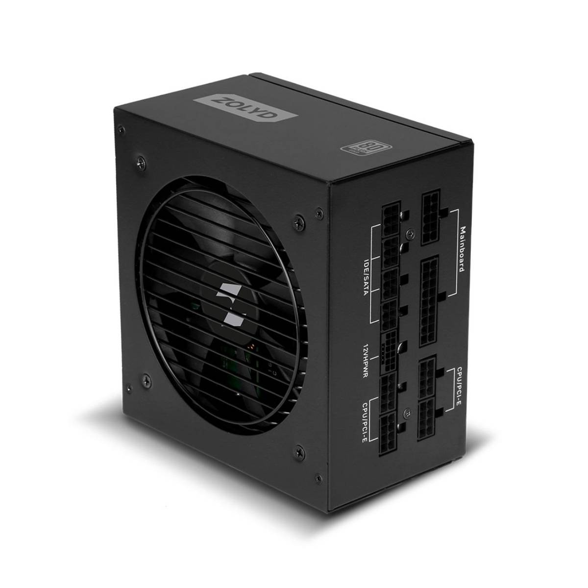 Alimentatore ZOLYD nero con ventola frontale e porte etichettate sul lato.